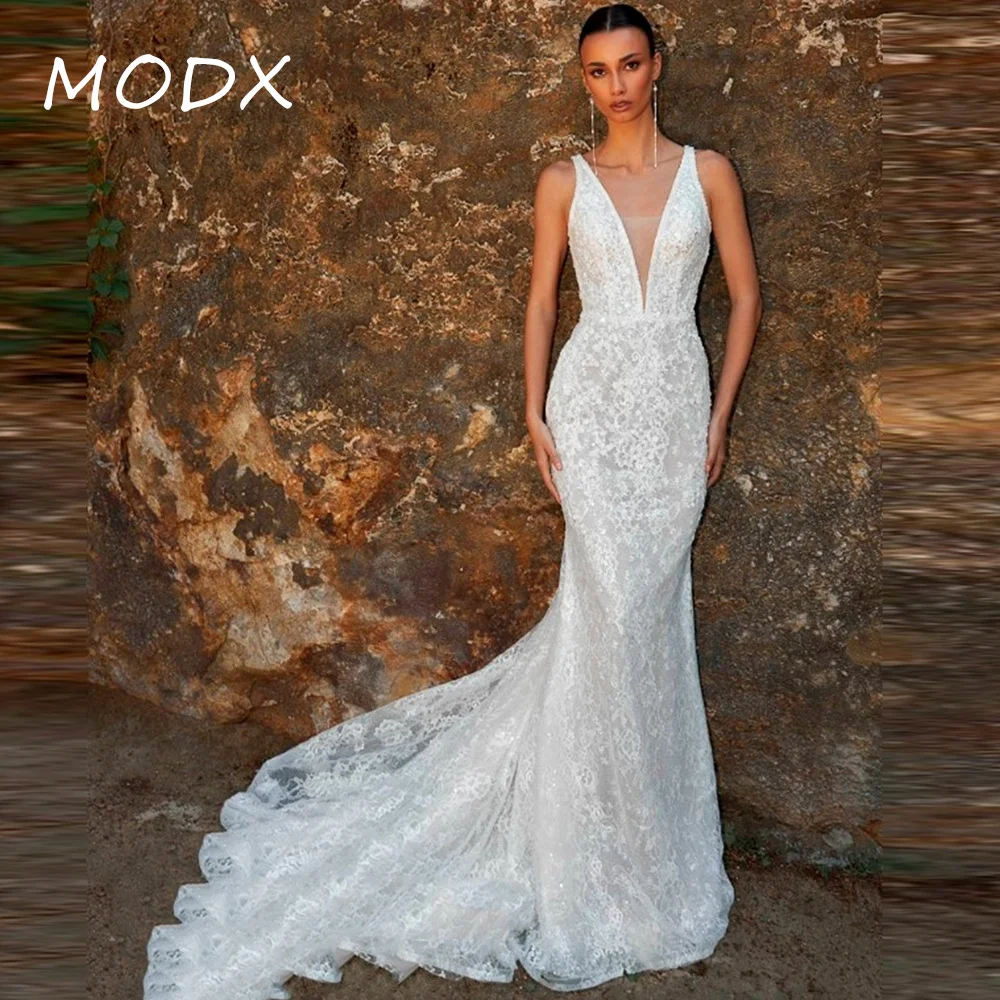 MODX Charming Spaghetti Straps Wedding Dresses V-Neck Mermaid Backless Sequin Bridal Gown  Customised Wedding Party Dress Vestid