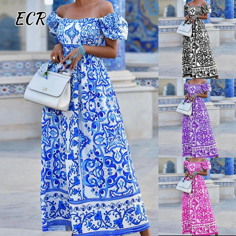 ECR Elegant Hit Color Slimming Long Dresses For Women Slash Neck Short Sleeve High Waist Temperament Drress Female Fashion New