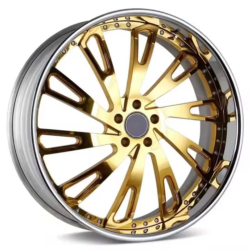 J QRS 2-piece Customized Gold Forged Car Wheels 18 19 20 21 22 23 24 Inch Chrome Lip Multi Spokes Wheels for