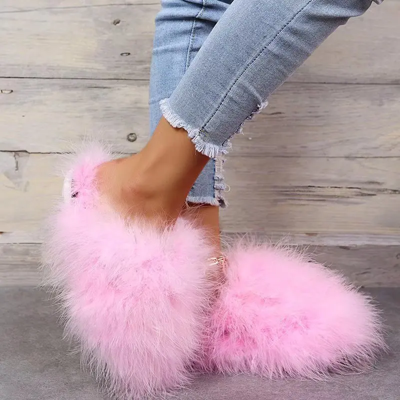 2022 Slippers Woman Ostrich Fur Women Shoes Flat Slipper Women's Flip Flops Brand Ladies Sandals Female Flipflop Luxury Sandal