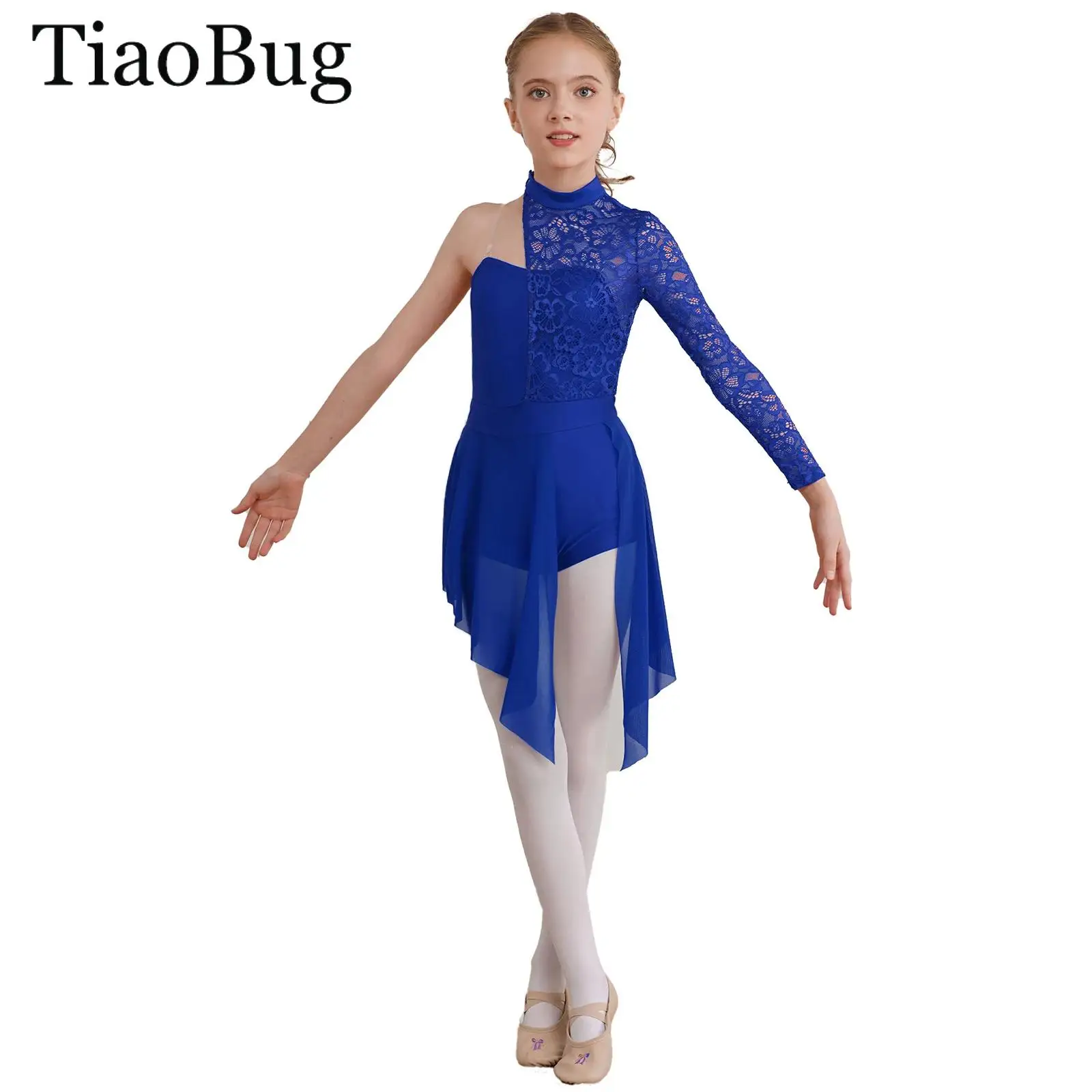 

Girls One Shoulder Lyrical Dance Dress Floral Lace Ballet Gymnastics Leotard Jumpsuit Ice Skating Dress Latin Cha-cha Performanc