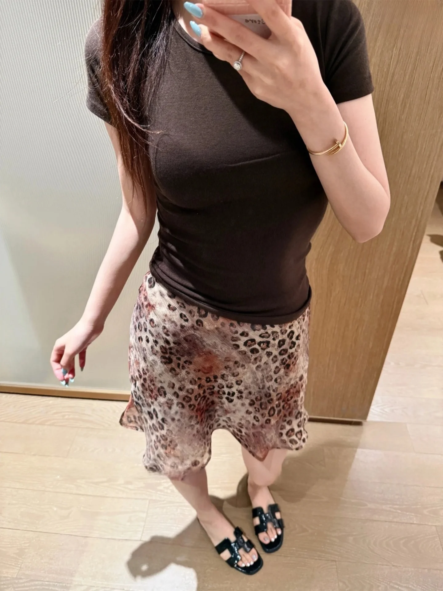 Retro Leopard Print Chiffon A-Line  Skirt Women Summer New Style High Waist Slimming Short Skirts French Style Casual