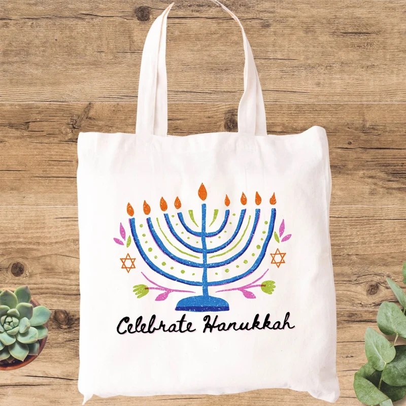 

Celebrate Hanukkah White Canvas Tote Bag Happy Hanukkah Present Bag Jewish Chanukah Gifts Festival Party Decoration Accessories