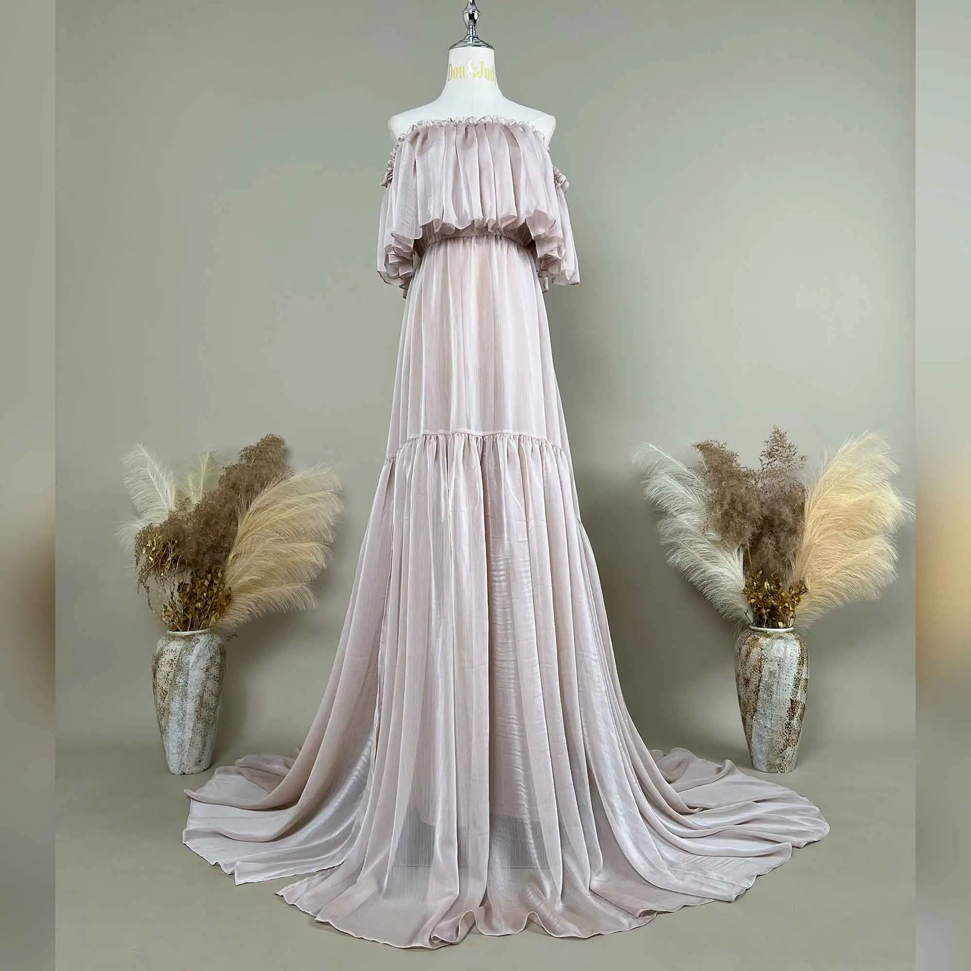 

Don&Judy Elegant Off The Shoulder Georgette Evening Gown with Ruffled Sleeves Flowy Formal Dress Versatile for Special Event