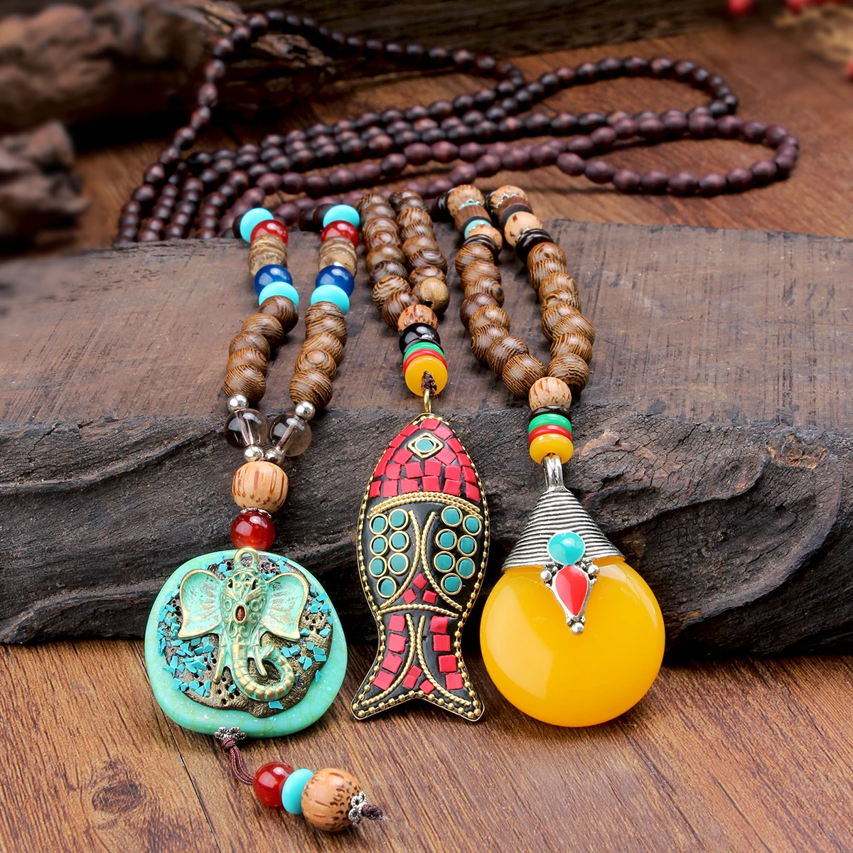 Yumfeel Handmade เนปาลสร้อยคอพุทธ Mala ลูกปัดไม้จี้และสร้อยคอฮอร์นปลายาวสร้อยคอประดับผู้หญิงผู้ชาย