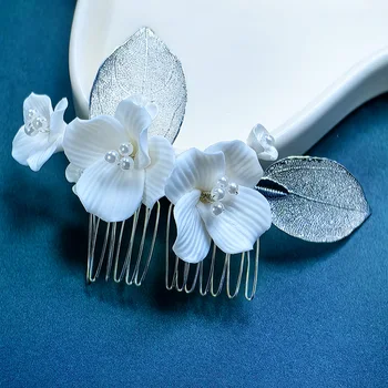 女性と女の子のための磁器の花のブライダル結婚式の装飾、シルバーリーフティアラ、女性と女の子のための真珠の装飾品