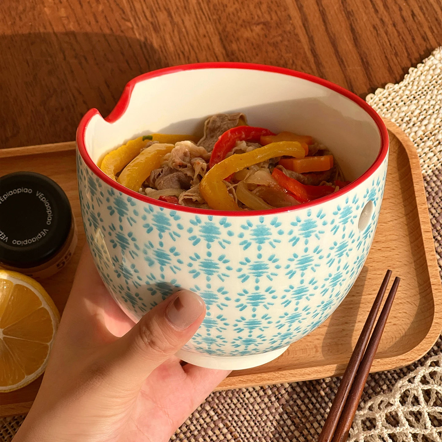 Blue Floral Ceramic Bowl Creative Chopstic Holes 5inches Rice Bowl Household Kitchen Durable Porcelain Tablewares