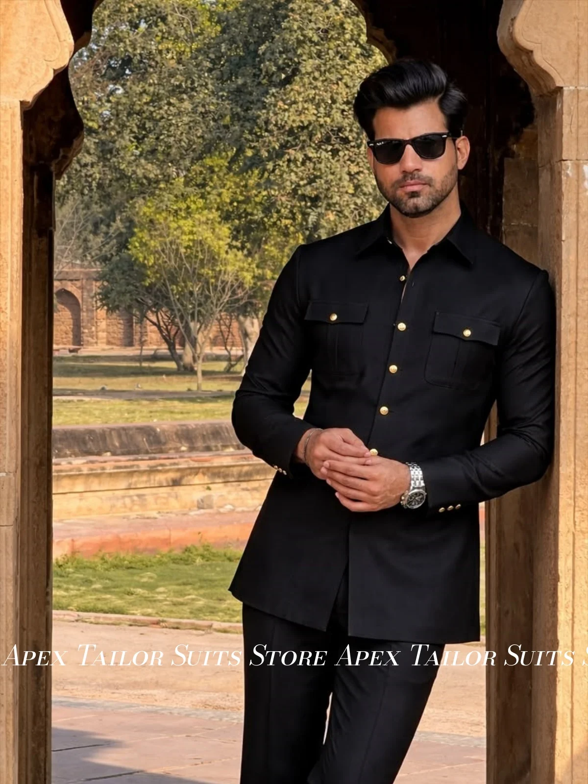 Elegant Men Black Safari Suit Two Piece Set Shirt Collar Gold Buttons Multi Pocket Blazer Trousers Outfit For Banquet Wedding