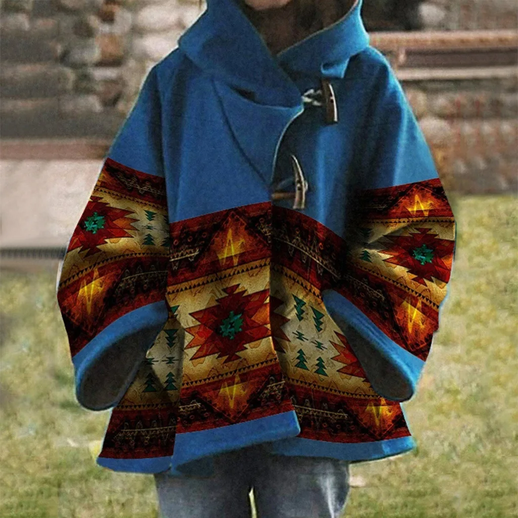 Womens Aztec Coat Aztec Western Ethnic Hoodies Casual Hooded Tribal Jacket Apparel Woolen Coats