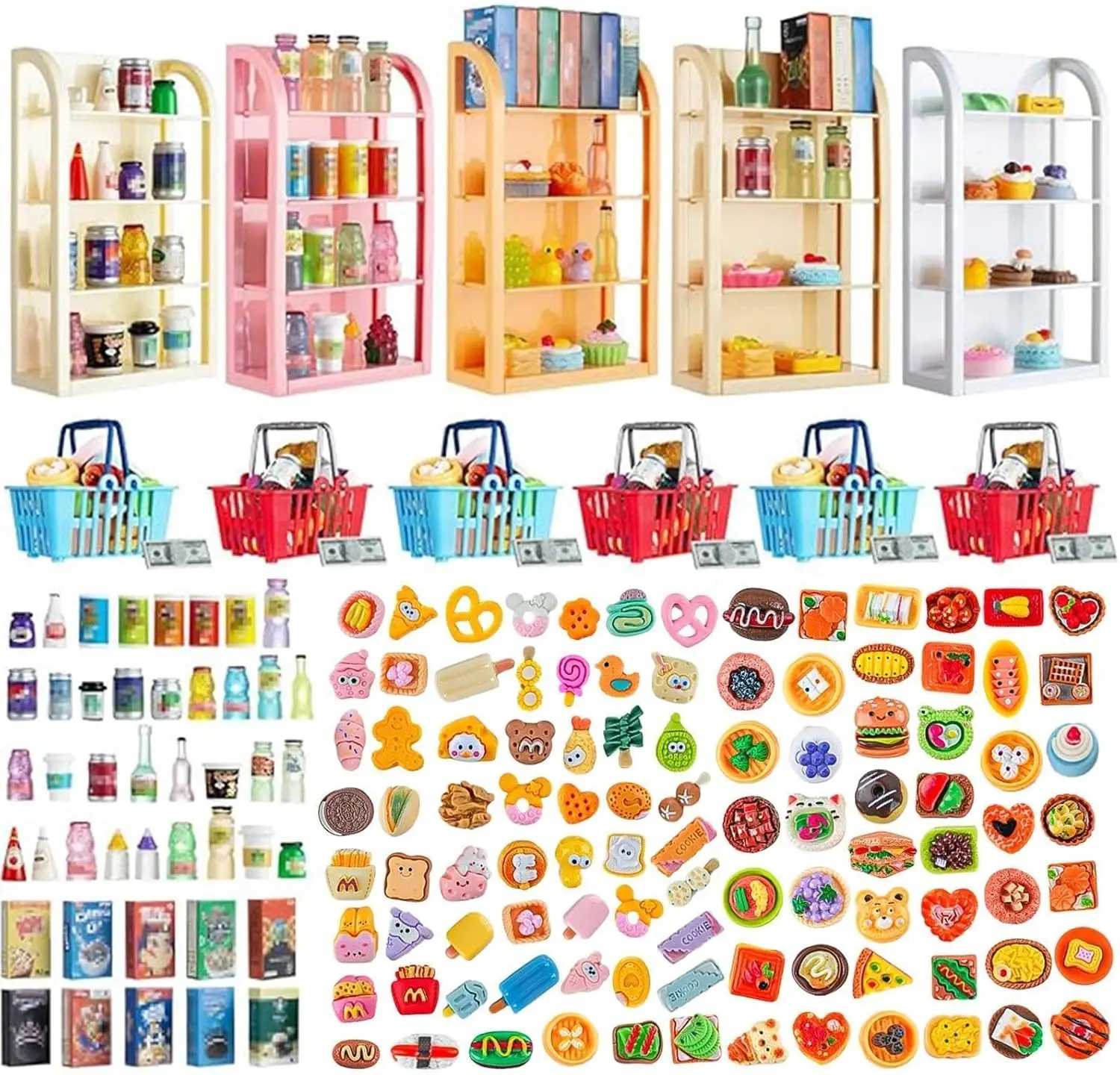 

164pcs Mini Supermarket Shelves & Food Set for Dollhouse, 4-Layer Display Rack with Accessories