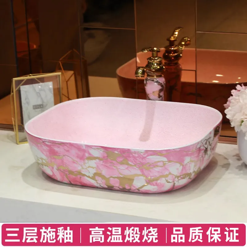 

Керамическая раковина на столешнице для бытовой ванной комнаты, квадратная художественная раковина с простым мраморным узором, умывальник на балконе