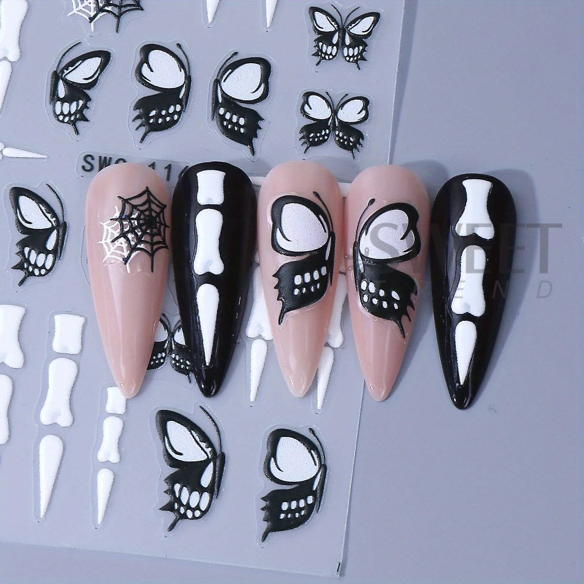 3 stuks zwart skelet vlinder nagelstickers gothic bot spinnenweb clown biljart kersen ontwerp halloween charme stickers manicure
