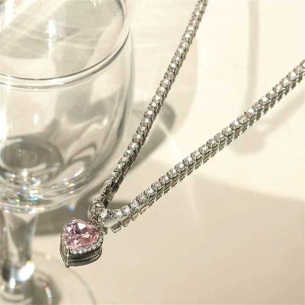 Modische Acryl-Zirkon-Kettenkette für Frauen, Rosa Kristall-Herzanhänger-Halskette, Schlüsselbeinkette für Damen, Schmuck – Detail 5