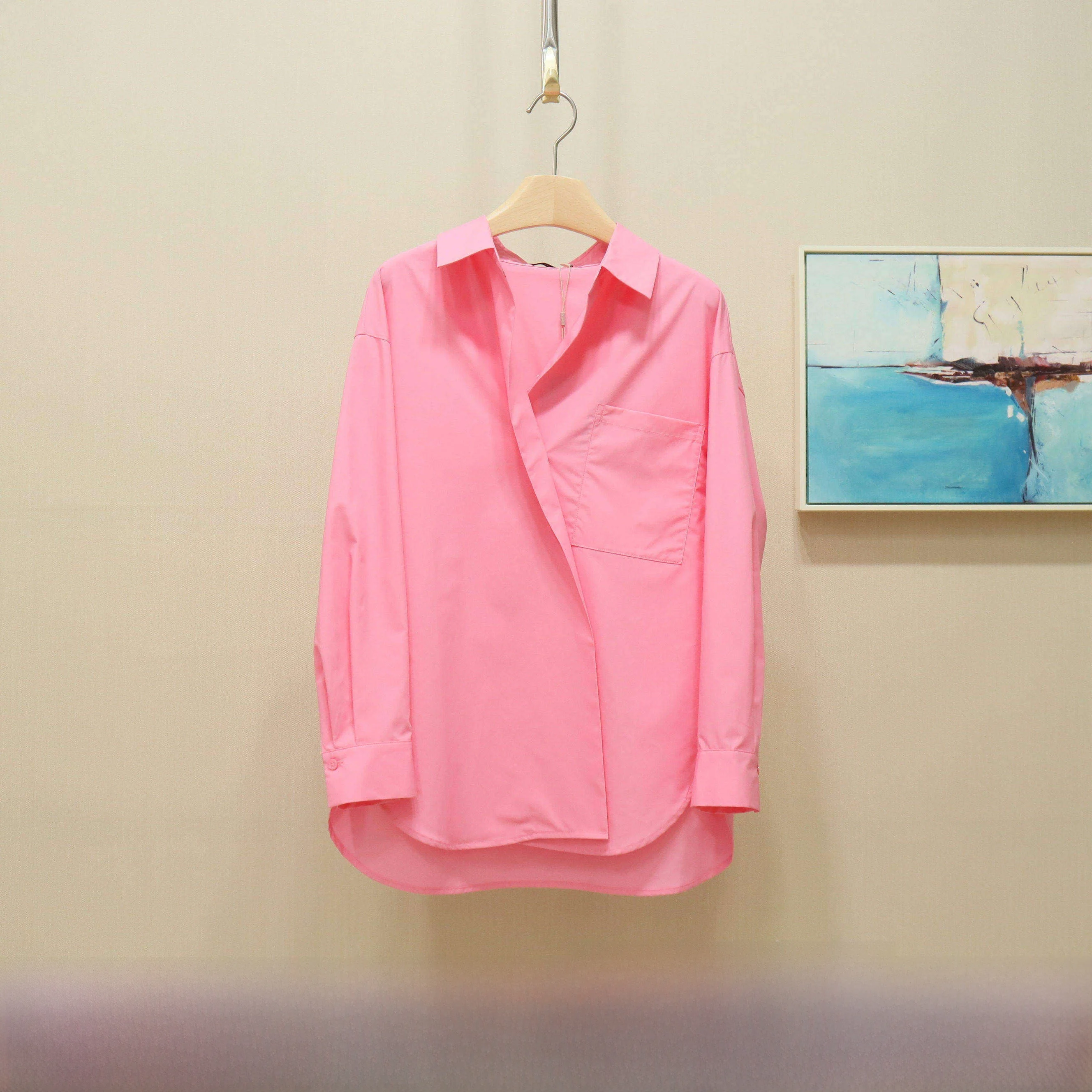 

YSING Spring 2026 Women's irt Asymmetrical Design Commute Sle Loose Fit Long Sve Collar Pure Cotton UV Protection