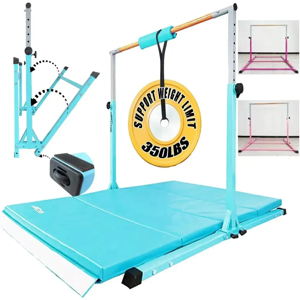 Foldable Gymnastics Kip Bar for Kids 3-15 Years - Gymnastic Bar - Base Length 5ft/6ft with Adjustable Height，Fresh Mint- withMat