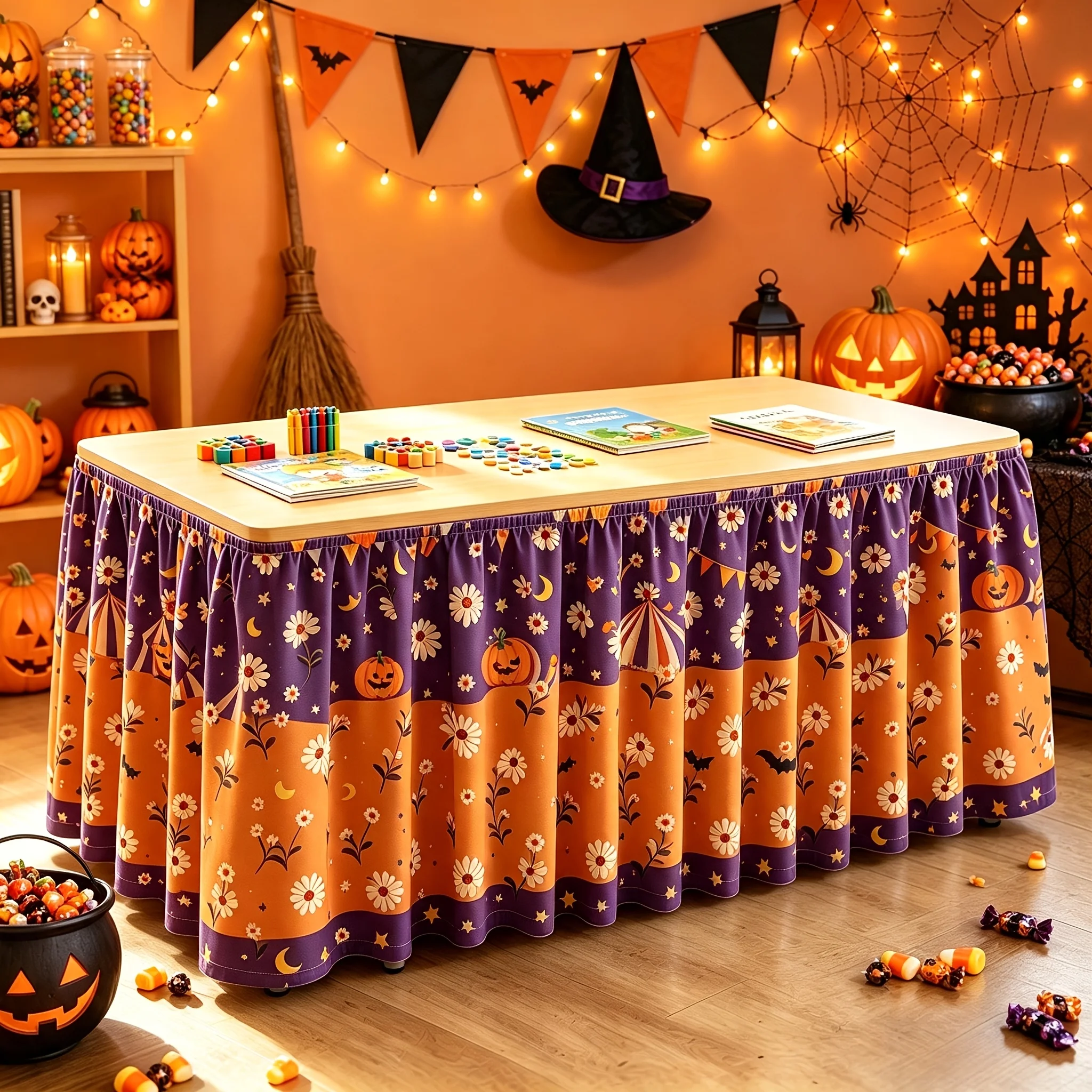 Two-tone daisy pumpkin bat moon print table skirt for Halloween parties, classroom activities