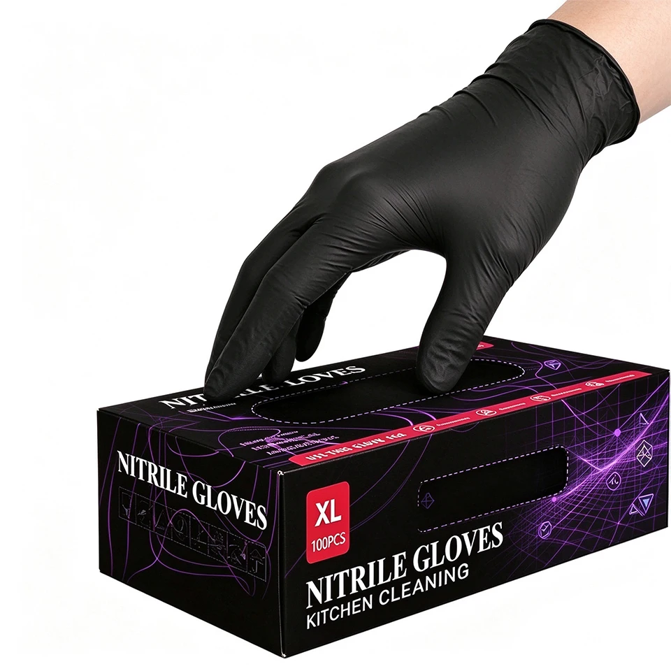 100PCS Black Disposable Nitrile Gloves Powder Free Tattoo Studio Cleaning Ink Handling Beauty Salon Supplies