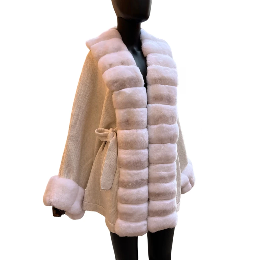 المرأة الفراء سترة مع ريكس الأرنب الفراء تقليم منتصف طول سترة المعطف الخريف أزياء الخفافيش نوع معطف