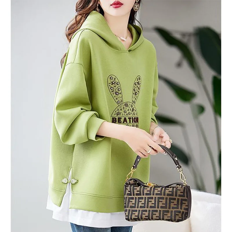 Autumn Fashion Trend Pure Cotton Embroidery Beads Versatile Patchwork Loose Hooded Casual Style Long Sleeve Women\'s Sweater