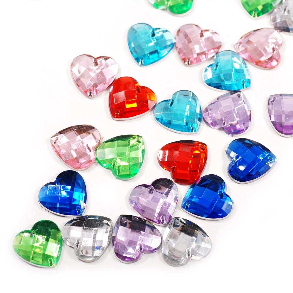 14MM 50Pcs The Shape Of Heart Rhinestone Crystal Flat Base Double Holes Acrylic Stone Grid Plane Gems For Craft DIY Sewing