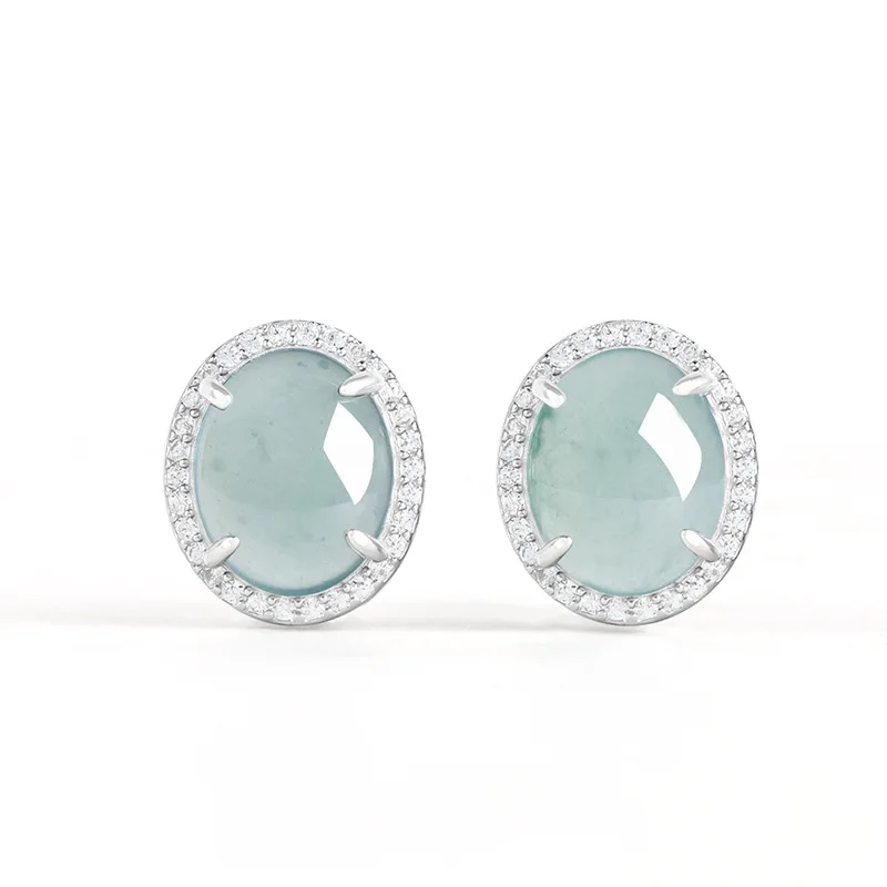 

S925 Silver-Plated Blue Water Jadeite Egg-Face Stud Earrings Natural A-Quality Ice-Grade Gemstone High-End Fashion Ear Jewelry