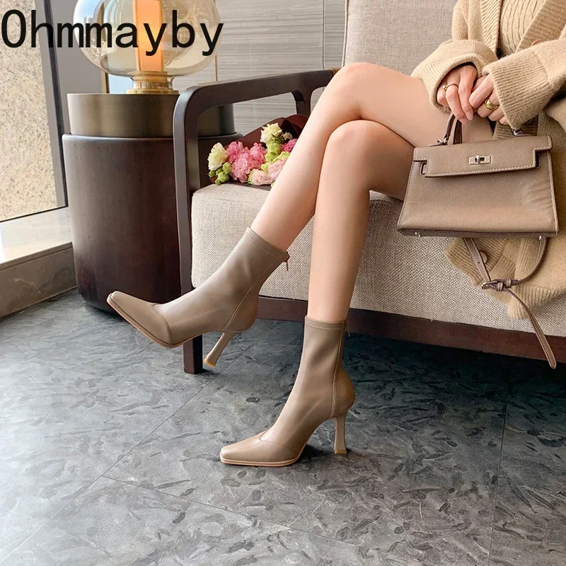 Botines de tacón alto fino para mujer, Botas cortas de punta estrecha, zapatos elegantes de felpa, invierno, 2024