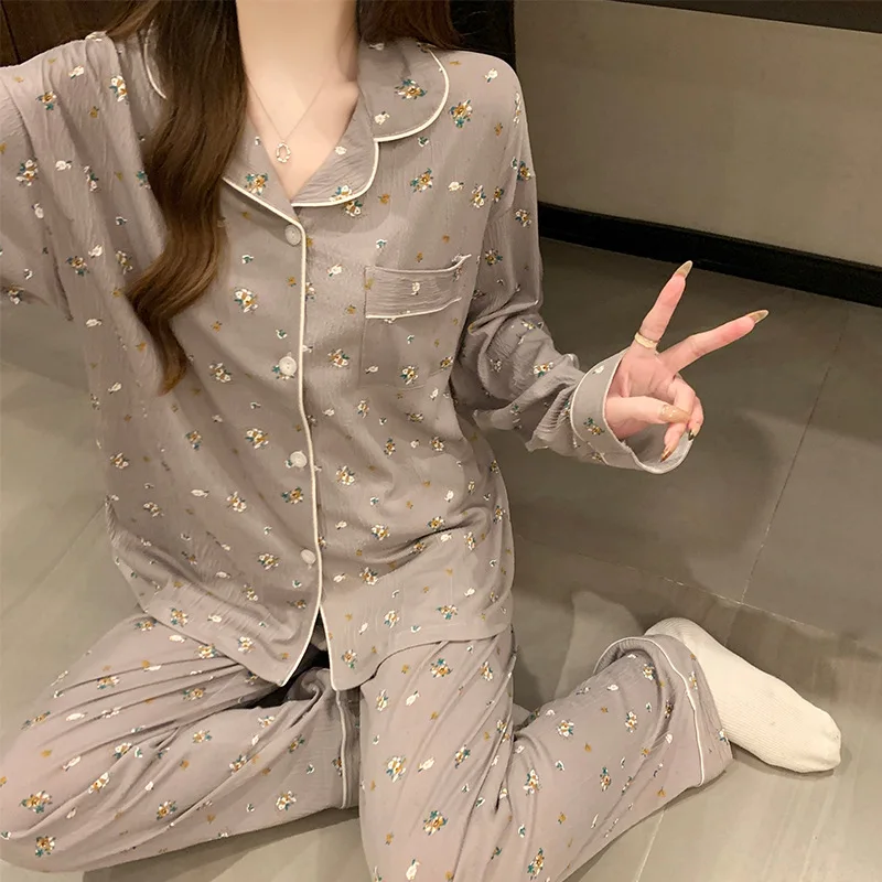 Retro Country-Style Small Floral Print Women's Sleepwear: New Spring/Fall Long-Sleeve, Loose-Fit, Plus-Size Loungewear Set