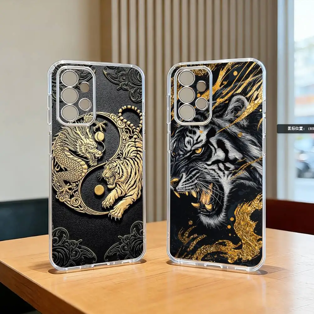 Shiny Golden Dragon and Tiger-r Phone Case For Samsung S25,S24,S21,S22,S23,S30,Ultra,S20,Plus,Fe Transparent Cover