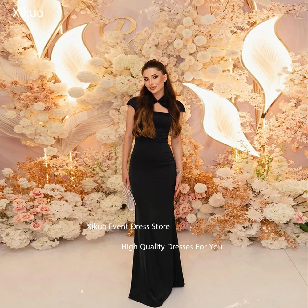 

Xikuo Black Mermaid Satin Evening Dresses Short Sleeves Prom Gowns Floor Length Elegant Cocktail Celebrity Dresses Customized