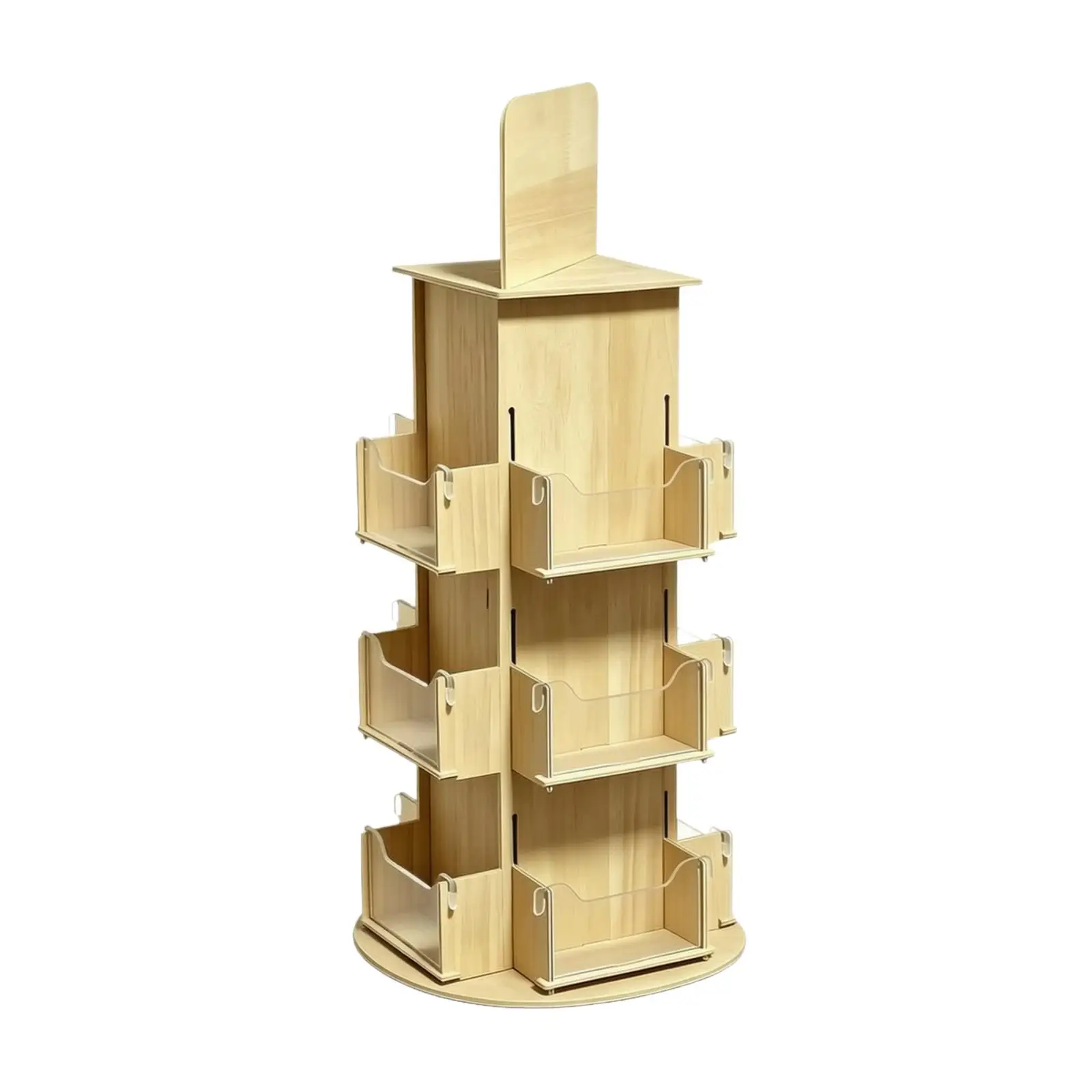 Three-Tier Rotating Display Rack with Acrylic Panels Tiered Freestanding Rotating Display Rack Wood Finish for Craft Markets,