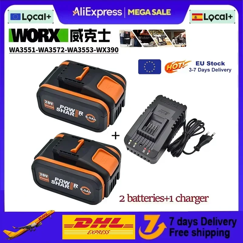 Batterie Li-ion rechargeable pour outil électrique Worx 20V 6.0/8.0Ah WA3551 WA3551.1 WA3553 WA3641 WX373 WX390 avec chargeur