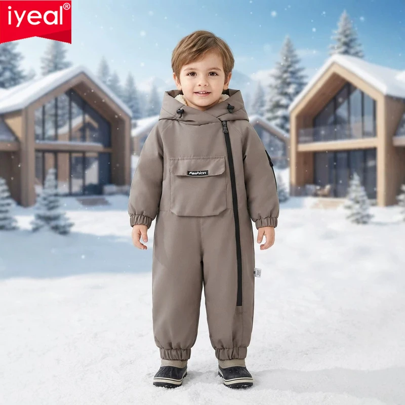IYEAL Baby Boys Hooded Fleece Lined Kids Ski Jumpsuit, Waterproof Windproof Thick Warm Baby Winter Snow Suit with Big Pocket
