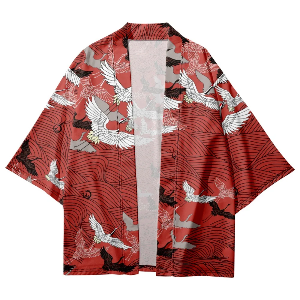 

Fashion Vintage Crane Print Beach Kimono Woman Red Cardigan Shirt 2023 Summer Japanese Yukata Female Streetwear Robe Clothes