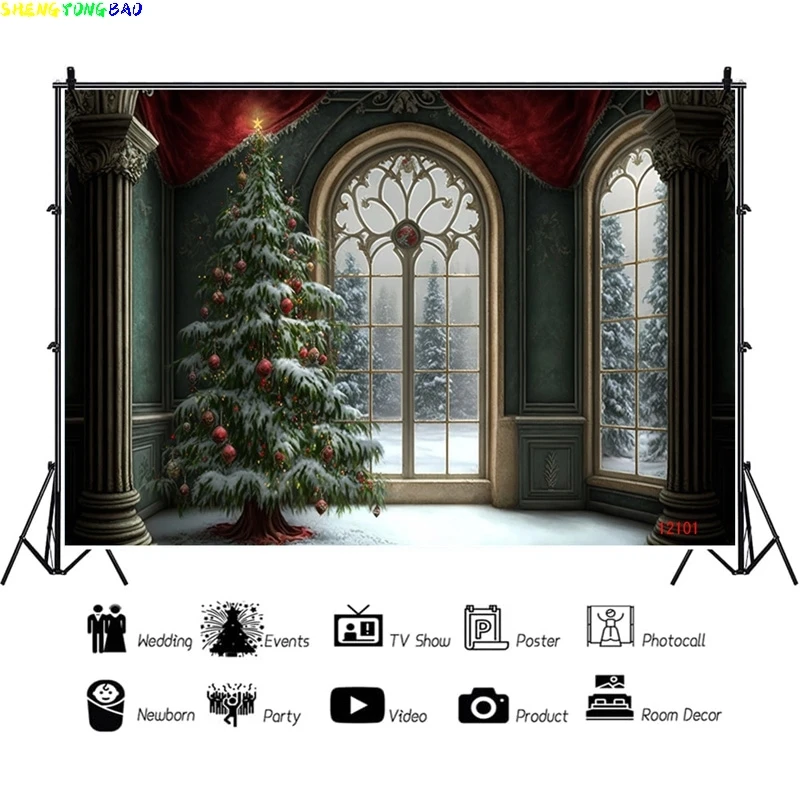 

Vinyl Custom Christmas Day Decoration Photography Backdrops Gift Box With Bows Snowflake Window Indoor Studio Background WW-28