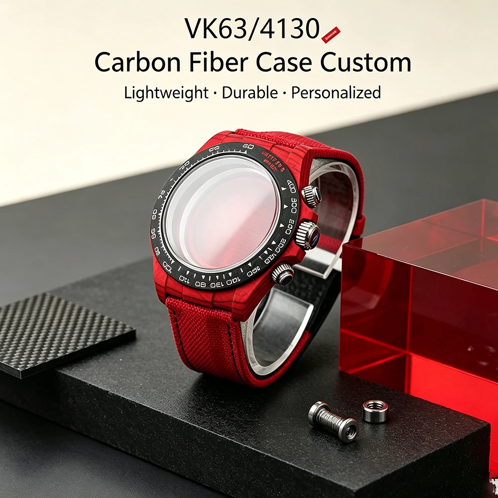 Carbon Fiber Watch Case for VK63 4130 Chronograph Movement Replacement Mod Kit with Nylon Strap Lightweight Sport Watch Parts