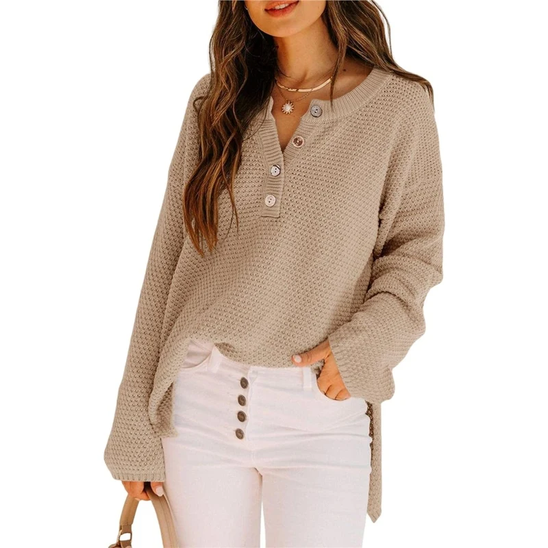 

Women Knit Sweater V Neck Long Sleeve Oversized Button Front Casual Daily Commute Knit Pullover Ladies Tops