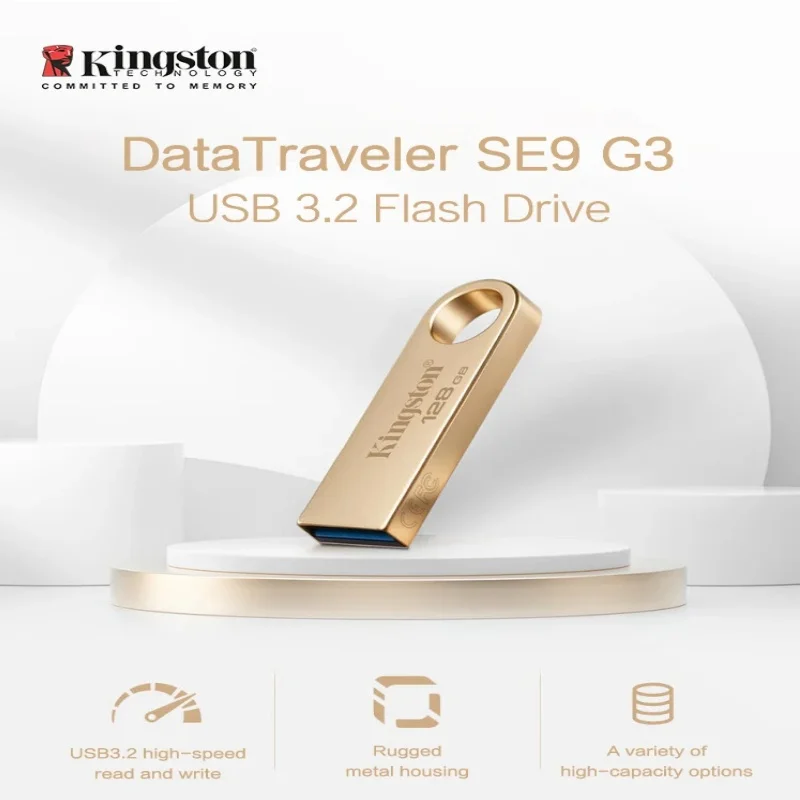 محرك أقراص Kingston DataTraveler SE9G3 USB3.2 Gen1 64GB 128GB 256GB Metal Gold Pen Drive