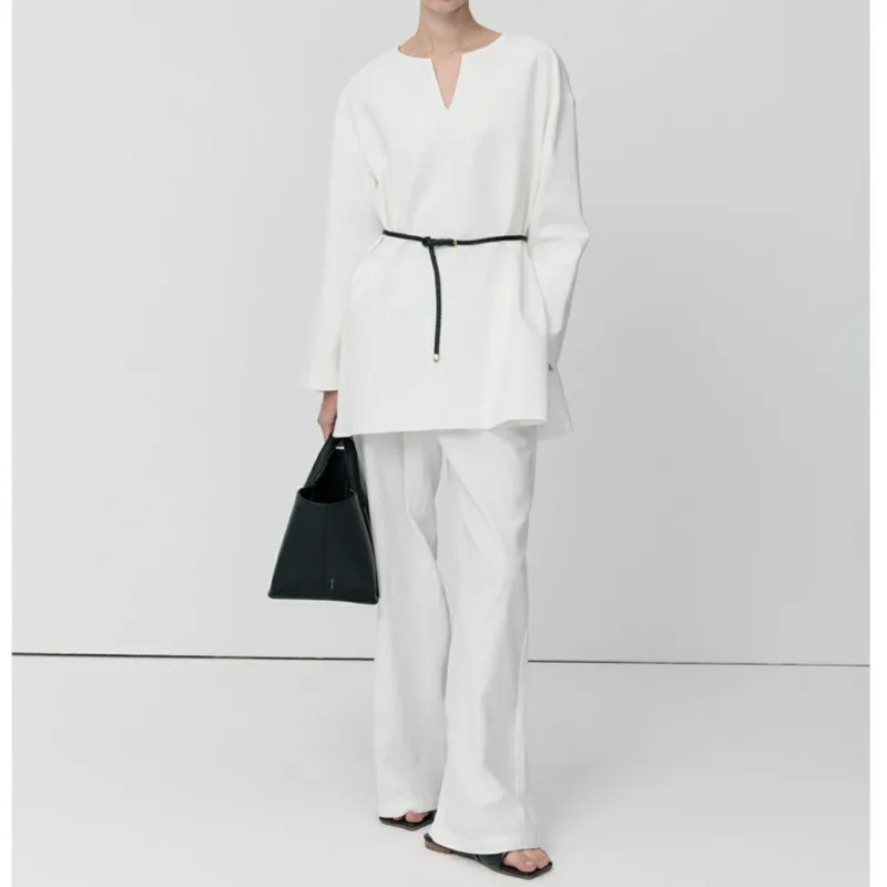 

KWTX 2025 SS Women’s 2-Pc Suit V-Neck Pullover Blazer & Wide Leg Pants Belted Stylish Elegant Office Streetwear Luxury Set