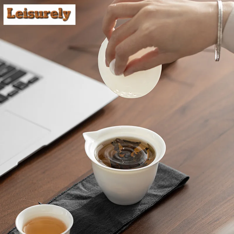 160ml Dehua Sheep Fat Jade White Porcelain Gaiwan Hand Grasp Tea Tureen Tea Maker Infusers Cover Bowl Tea Services Decoration