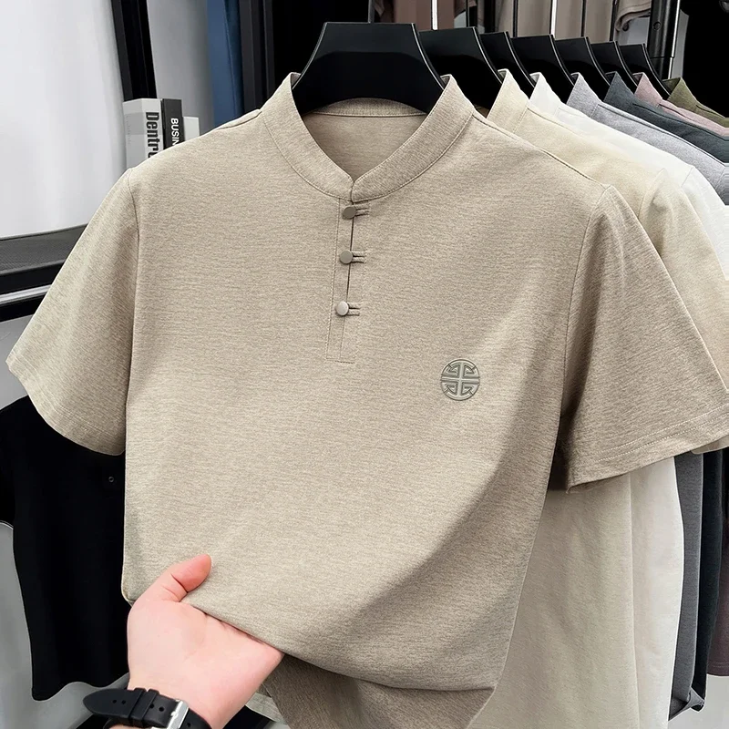 Men's Mandarin Collar Short Sleeve T-Shirt Casual Chinese Style Button Henley Shirt