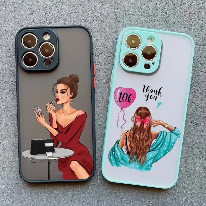 Beauty Makeup City Girl Pattern Case For iPhone 16 15 X XR XS 14 13 12Mini 11 Pro Max drawn girl Cover For iPhone 7 8 Plus SE2