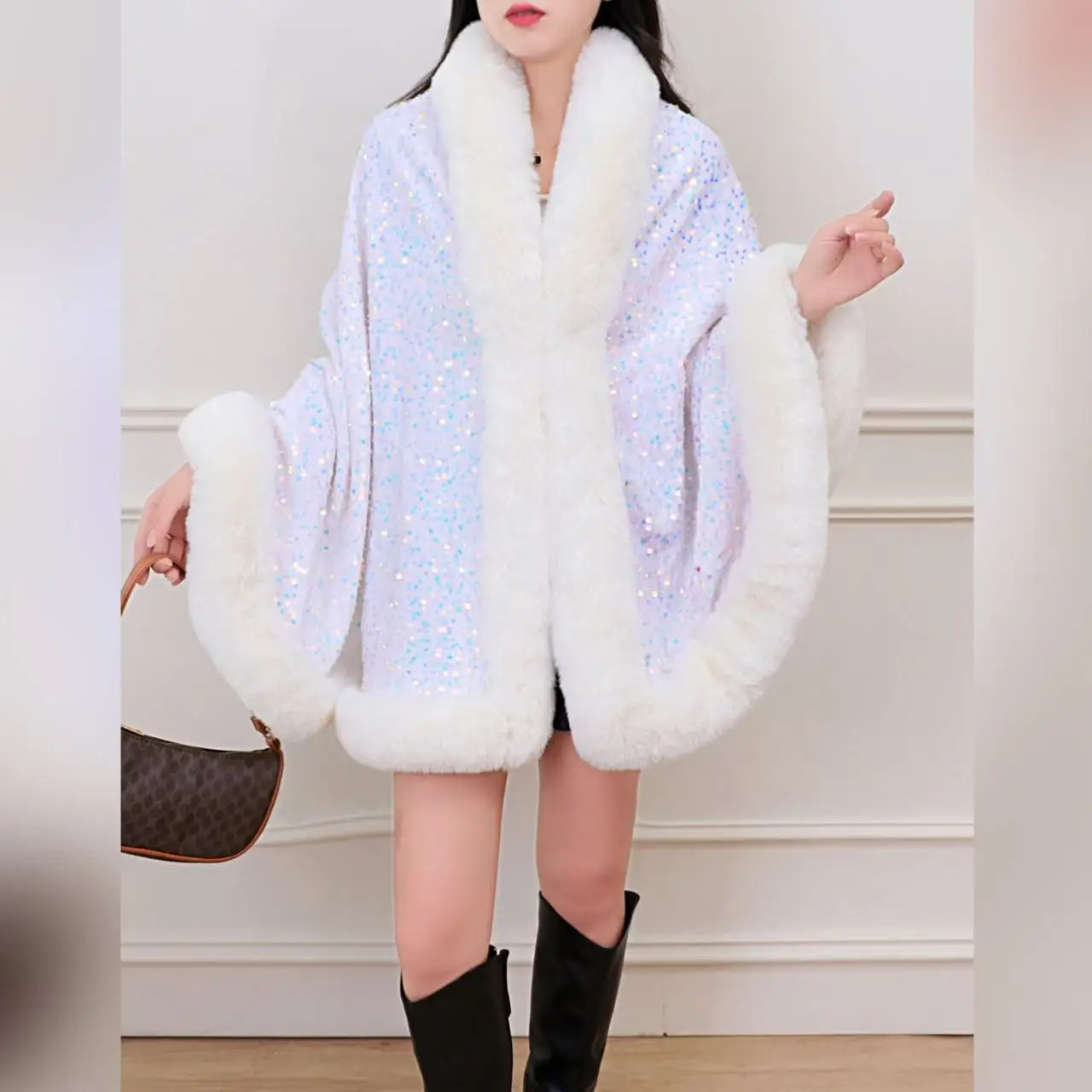 12 Colors Women Long Faux Rabbit Fur Sequin Fabric Cape Winter Poncho Warm Thick Loose Shawl Outer Wear Wedding Party Wraps