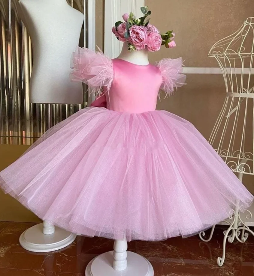 New Custom Pink Flower Girl Dress Scoop Neck Short Puff Sleeve Princess Birthday Gown Prom Pageant Dresses