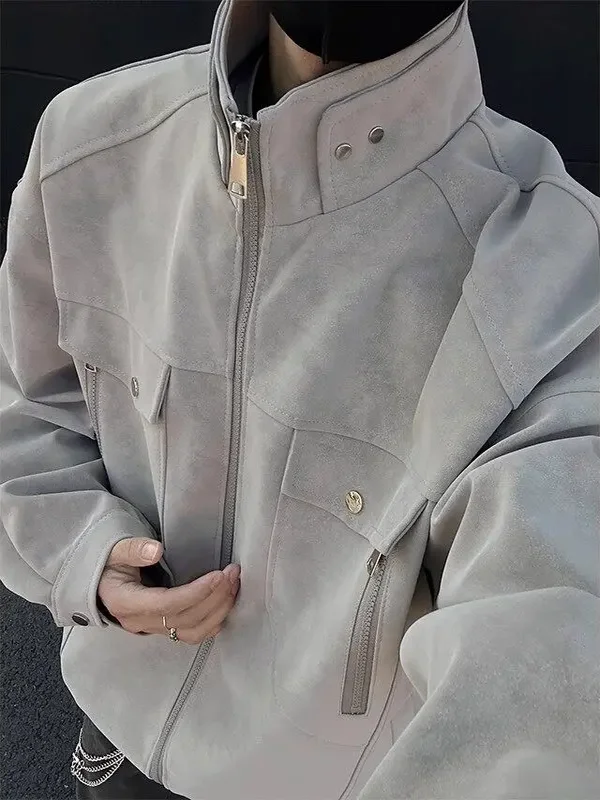 

Men's Spring Autumn Large Size American Sle Stand Collar PU Leather Pilot Jaet Cleanfit Baseball Jersey Trendy Leather Coat