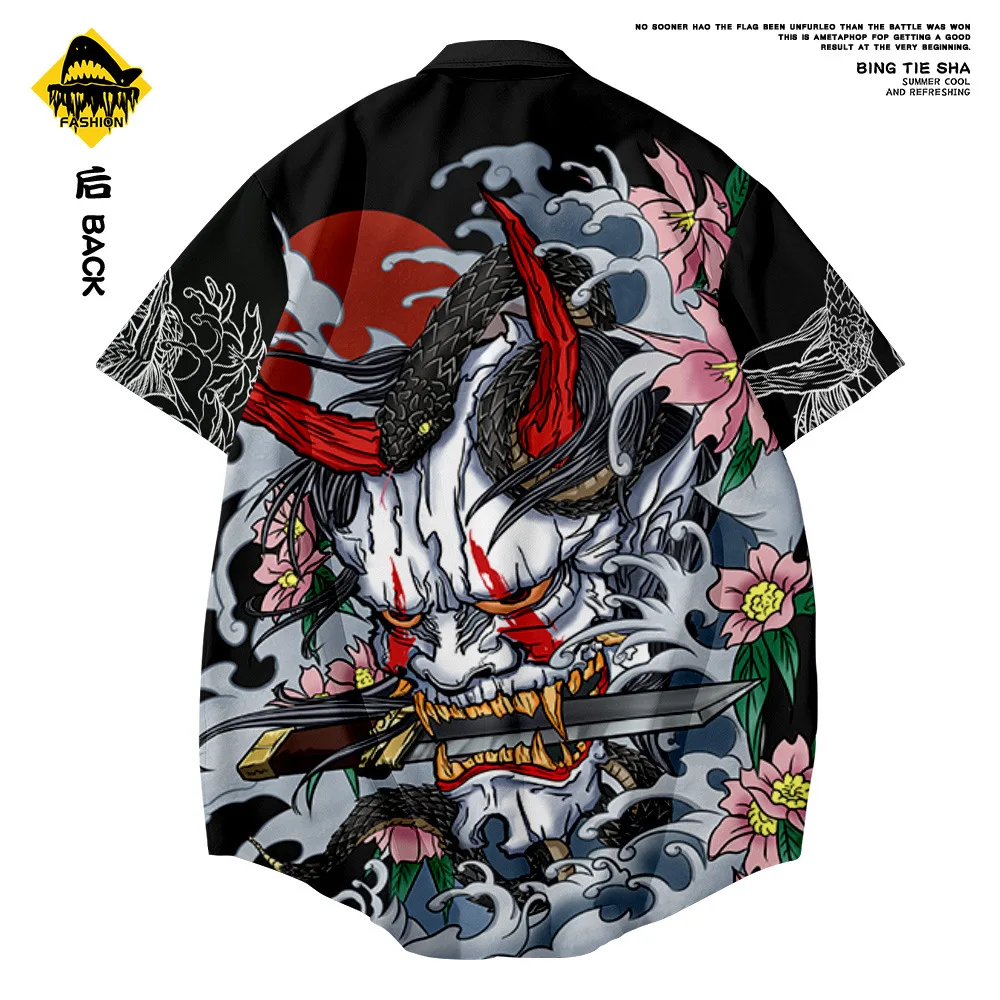 Japanese Style Demon Print Shirt 2021 Men Hawaiian Shirt Fashion Summer Short Sleeve Harajuku Anime Shirt Men Oversized Clothing