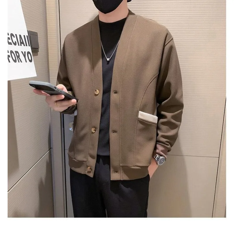 Autumn and Winter Solid Color Long-sleeved V-neck Cardigan Sweater Men's Knitted Fashion Casual Loose Jacket