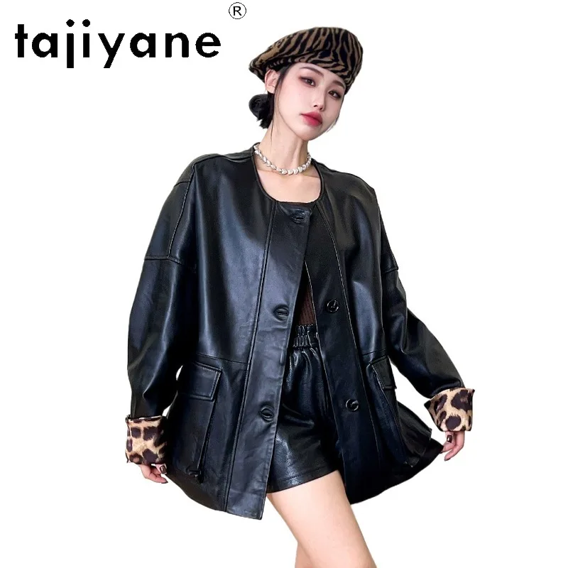 TAJIYANE Sheepskin Genuine Leather Jacket Woman Leopard Print Cuffs Leather Coat O-Neck Jackets for Woman Black Outerwear 가죽자켓