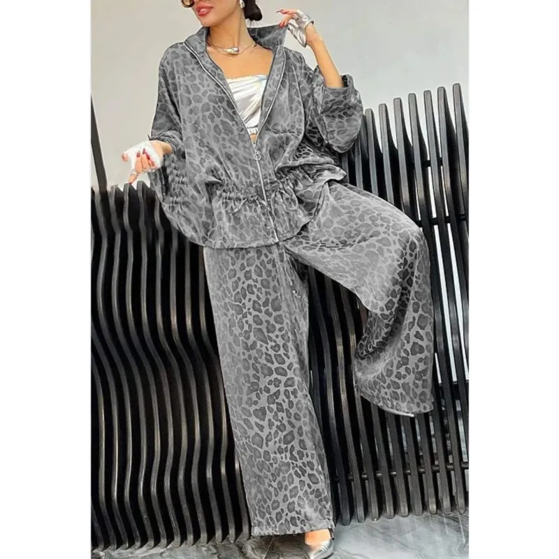 Spring Autumn Fashion Leopard Print 2 Piece Sets Women Fall Lapel Zipper Drawstring Coat Wide-leg Pants Outfit  Long Sleeve Suit