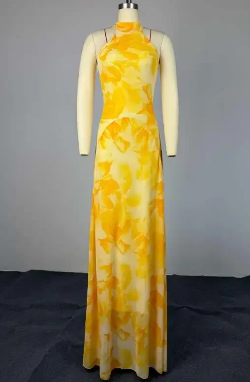 

2026 Spring Women's Sweet & Fresh Printed Half High Collar Sleeveless High Waist Slimming A-Line Dress Female Sexy Long Dresses