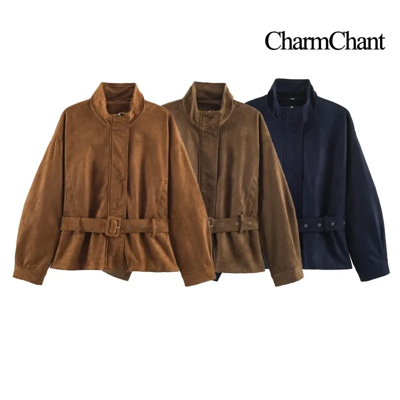 CHARMCHANT Women's Faux Suede Bomber Jacket Stand Collar Epaulet Flap Pockets Elastic Hem Casual Outerwear Autumn Winter 2026